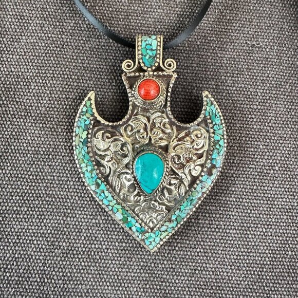 Vintage Turquoise Inlaid Necklace Pendant‎ Coral Big Southwestern - Picture 9 of 10